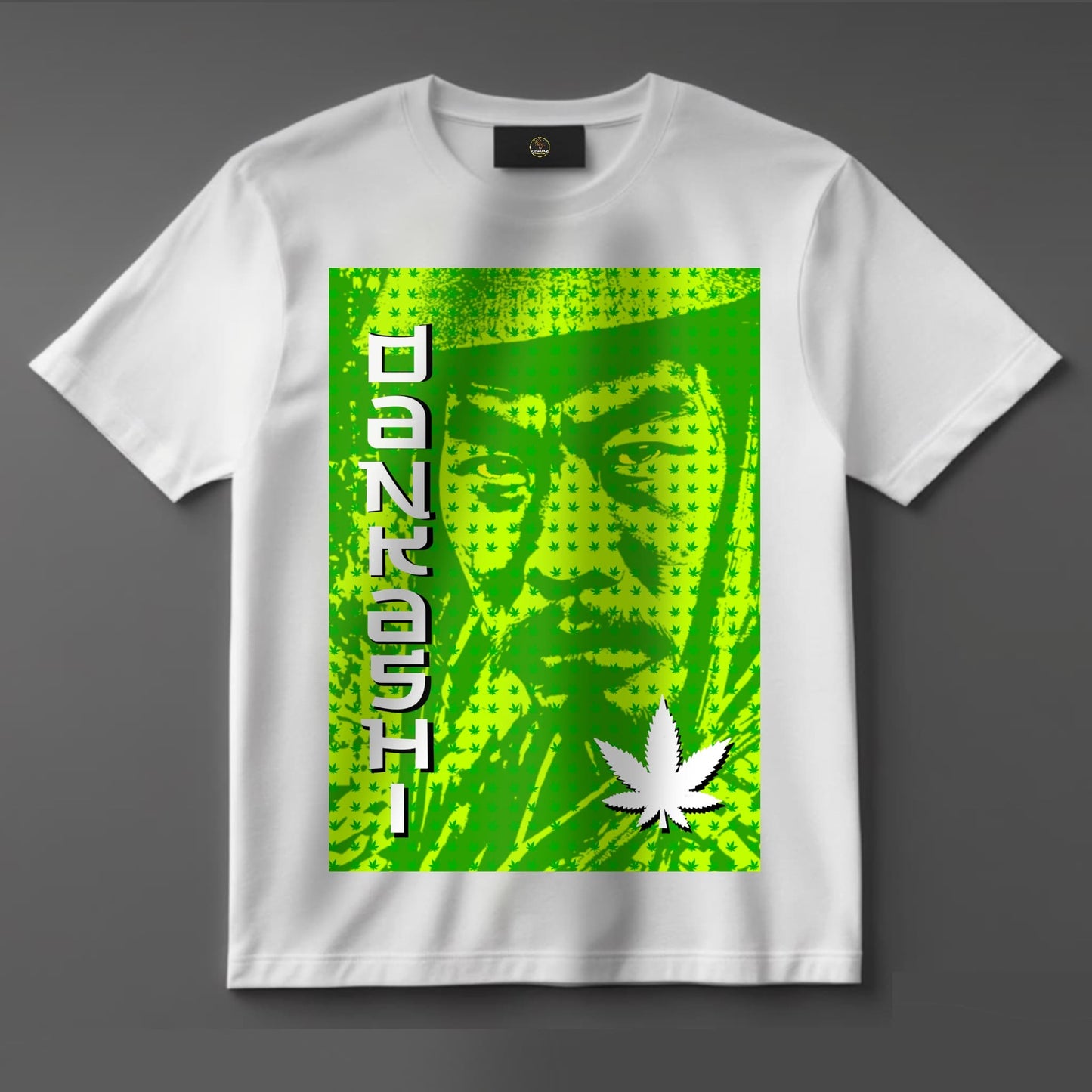 Black or white T-shirt featuring ‘DANKASHI,’ a unique weed-smoking samurai character with a joint in hand, blending traditional warrior aesthetics with stoner vibes — a bold, creative design for cannabis fans and streetwear lovers.