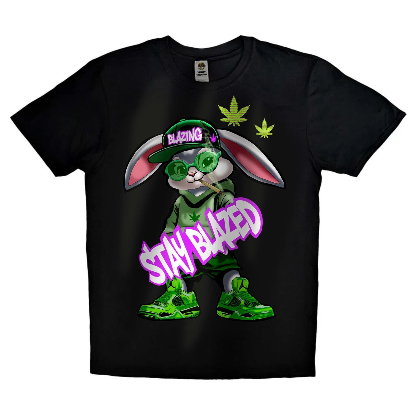 Black or white T-shirt featuring a laid-back cartoon rabbit with red eyes, puffing on a joint with smoke swirling around and the phrase ‘Stay Blazed’ — a fun, trippy design for cannabis lovers and stoner streetwear fans.