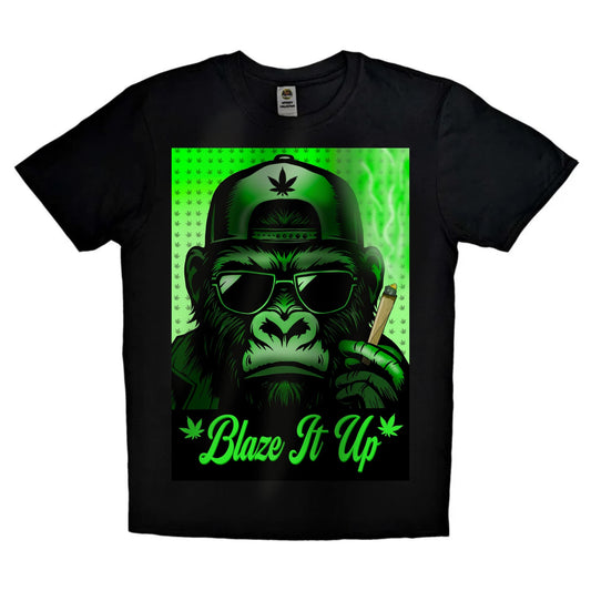 Black or white T-shirt featuring a powerful graphic of a gorilla with red eyes, smoking a joint with the phrase ‘Blaze It Up’ — a bold, edgy design perfect for cannabis lovers and streetwear fans.