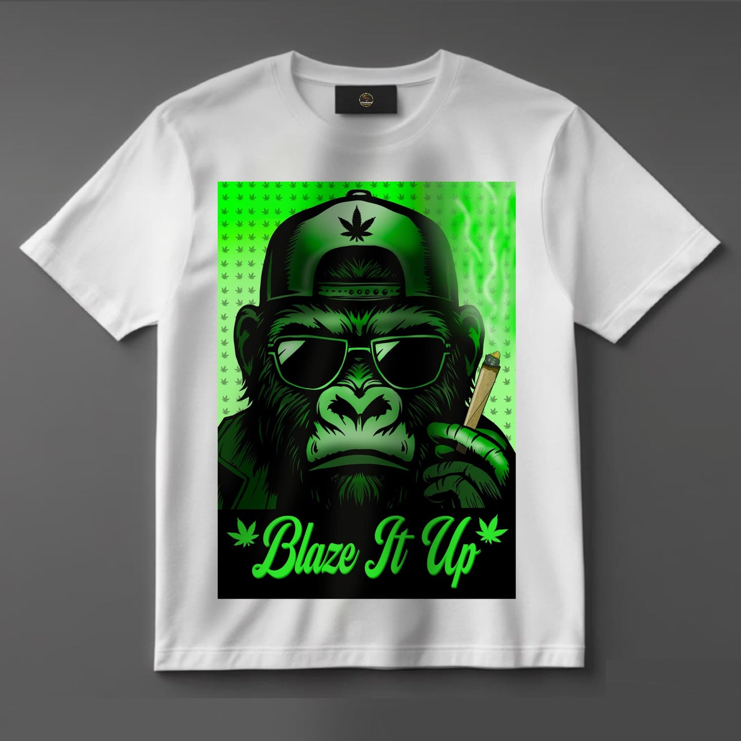 Black or white T-shirt featuring a powerful graphic of a gorilla with red eyes, smoking a joint with the phrase ‘Blaze It Up’ — a bold, edgy design perfect for cannabis lovers and streetwear fans.