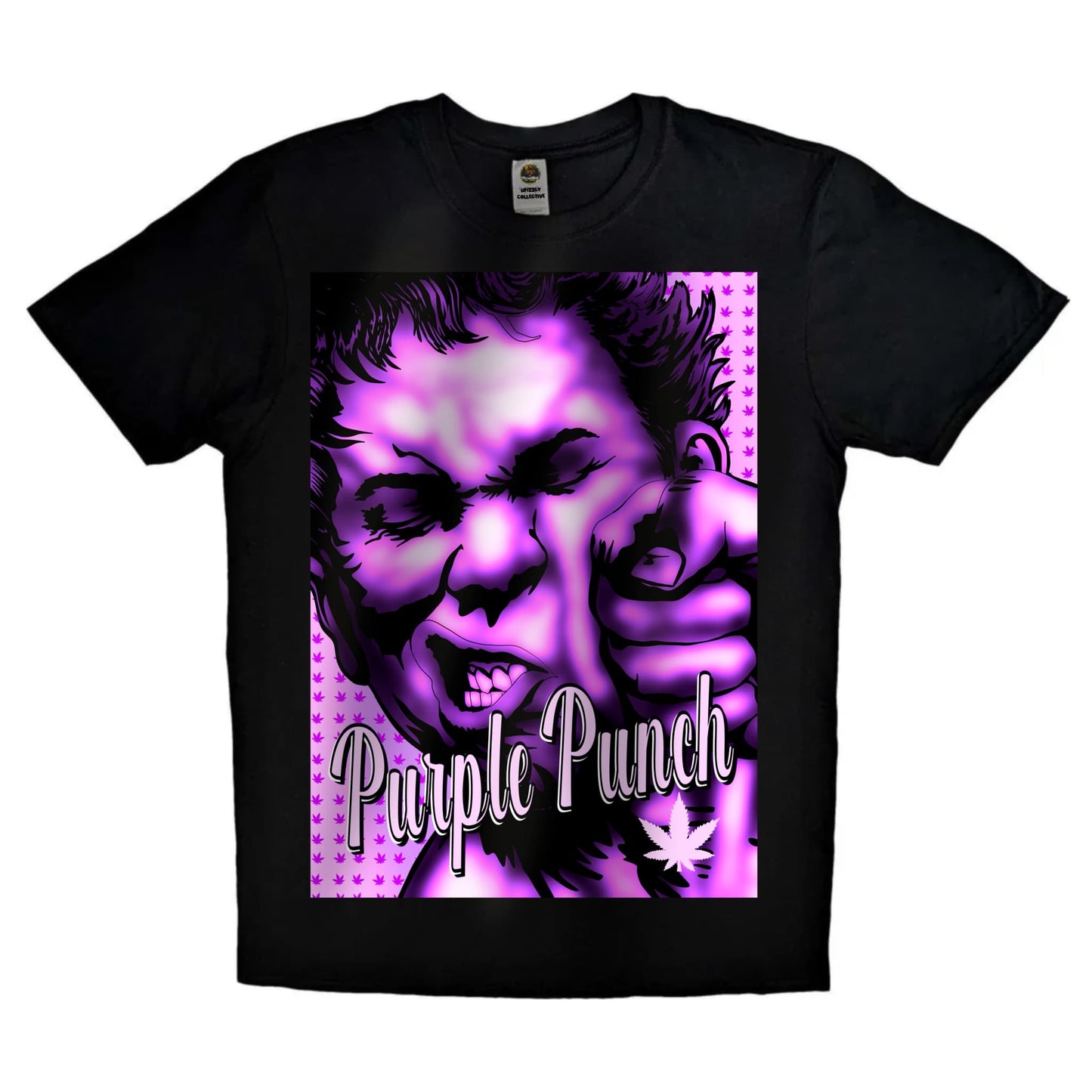 Black or white T-shirt featuring vibrant artwork inspired by the ‘Purple Punch’ cannabis strain, with bold purple hues, weed buds, and smoke effects — a flavorful, eye-catching design for cannabis connoisseurs and streetwear fans.