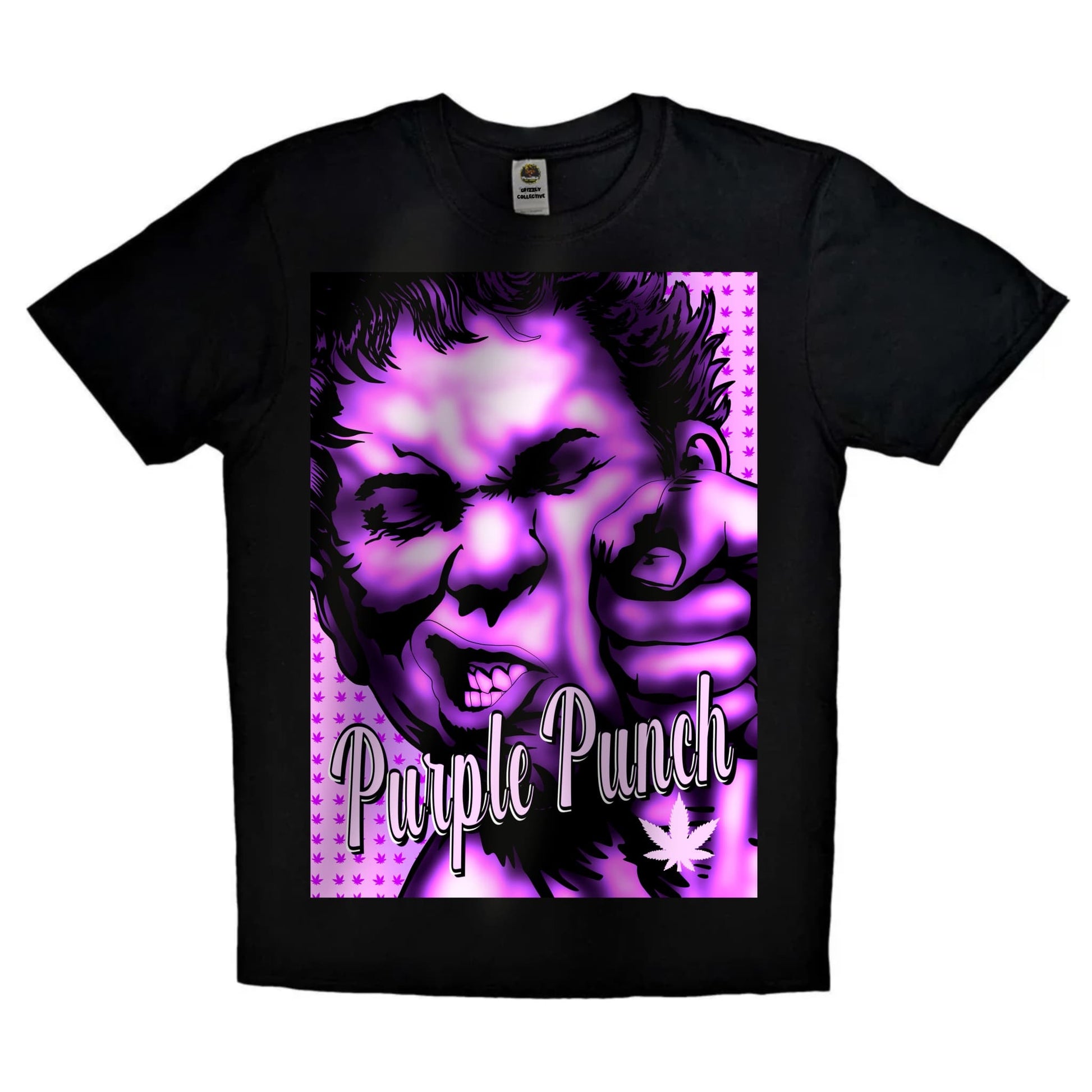 Black or white T-shirt featuring vibrant artwork inspired by the ‘Purple Punch’ cannabis strain, with bold purple hues, weed buds, and smoke effects — a flavorful, eye-catching design for cannabis connoisseurs and streetwear fans.