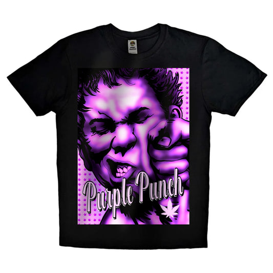 Black or white T-shirt featuring vibrant artwork inspired by the ‘Purple Punch’ cannabis strain, with bold purple hues, weed buds, and smoke effects — a flavorful, eye-catching design for cannabis connoisseurs and streetwear fans.