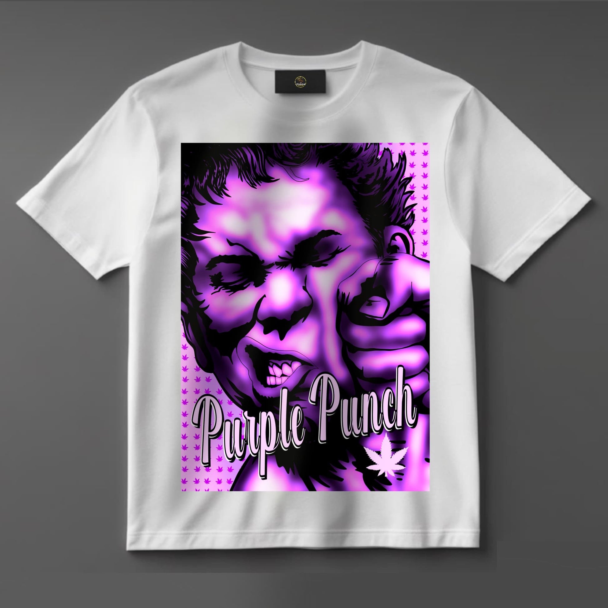 Black or white T-shirt featuring vibrant artwork inspired by the ‘Purple Punch’ cannabis strain, with bold purple hues, weed buds, and smoke effects — a flavorful, eye-catching design for cannabis connoisseurs and streetwear fans.