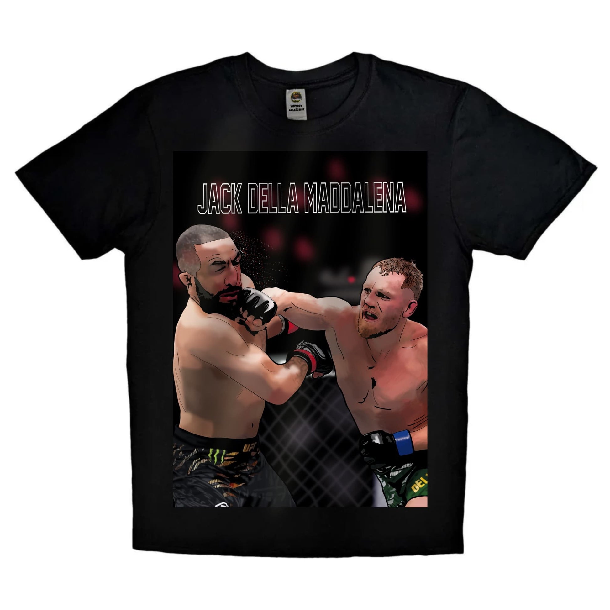 Black or white T-shirt featuring intense artwork of Jack Della Maddalena with UFC championship imagery, gloves on and fists raised — a tribute to the rising Australian MMA star and future champion.