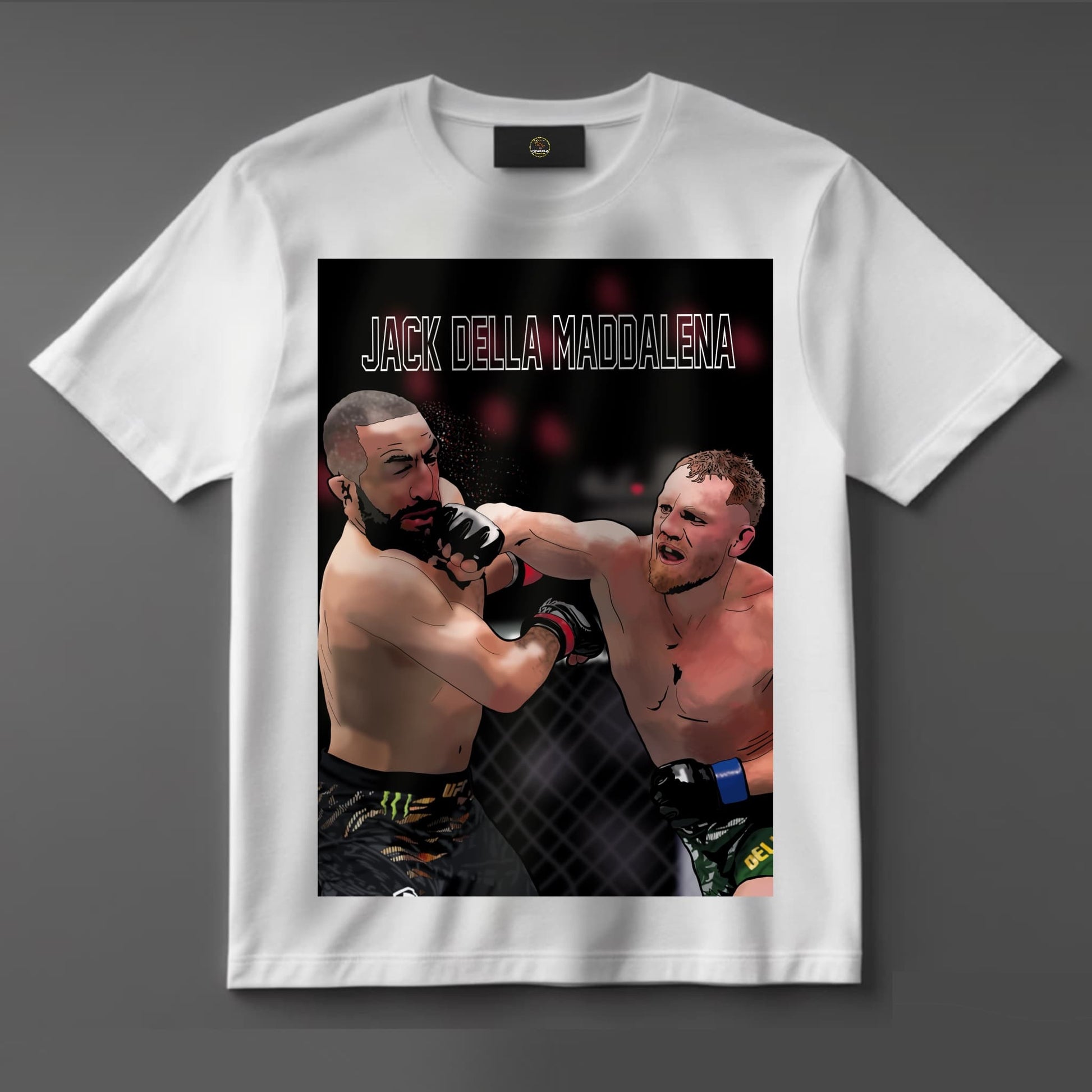 Black or white T-shirt featuring intense artwork of Jack Della Maddalena with UFC championship imagery, gloves on and fists raised — a tribute to the rising Australian MMA star and future champion.