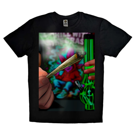 Black or white T-shirt featuring a vibrant graphic of a bong and a spliff crossed together with smoke swirling around, surrounded by cannabis leaves — a bold, fun design for stoners and weed culture enthusiasts.