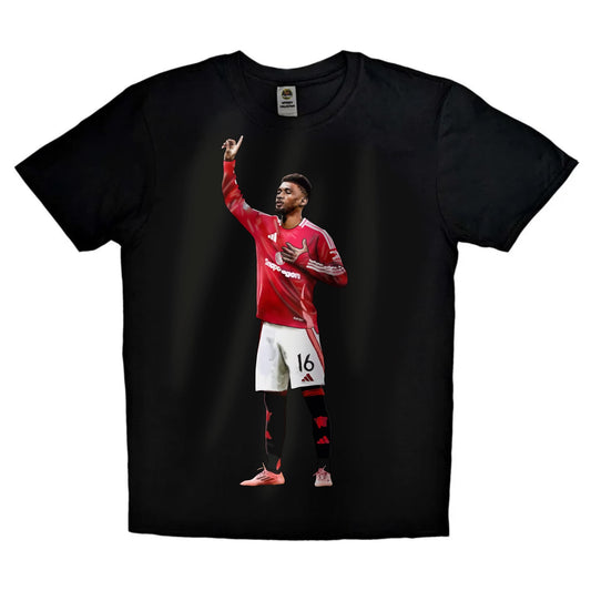 T-shirt showcasing dynamic graphic of Amad Diallo in a Manchester United kit, celebrating on the pitch — a must-have for true Man Utd supporters and football fans.