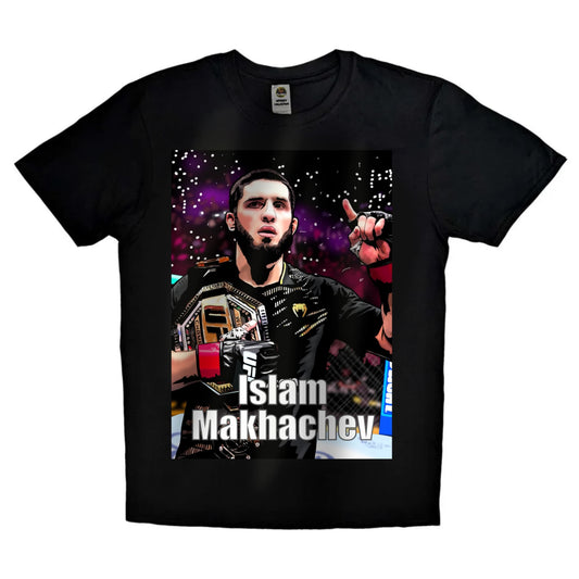 Black T-shirt featuring powerful artwork of UFC champion Islam Makhachev with the title ‘Lightweight King’ — ideal for MMA fans and supporters of Dagestan’s finest.