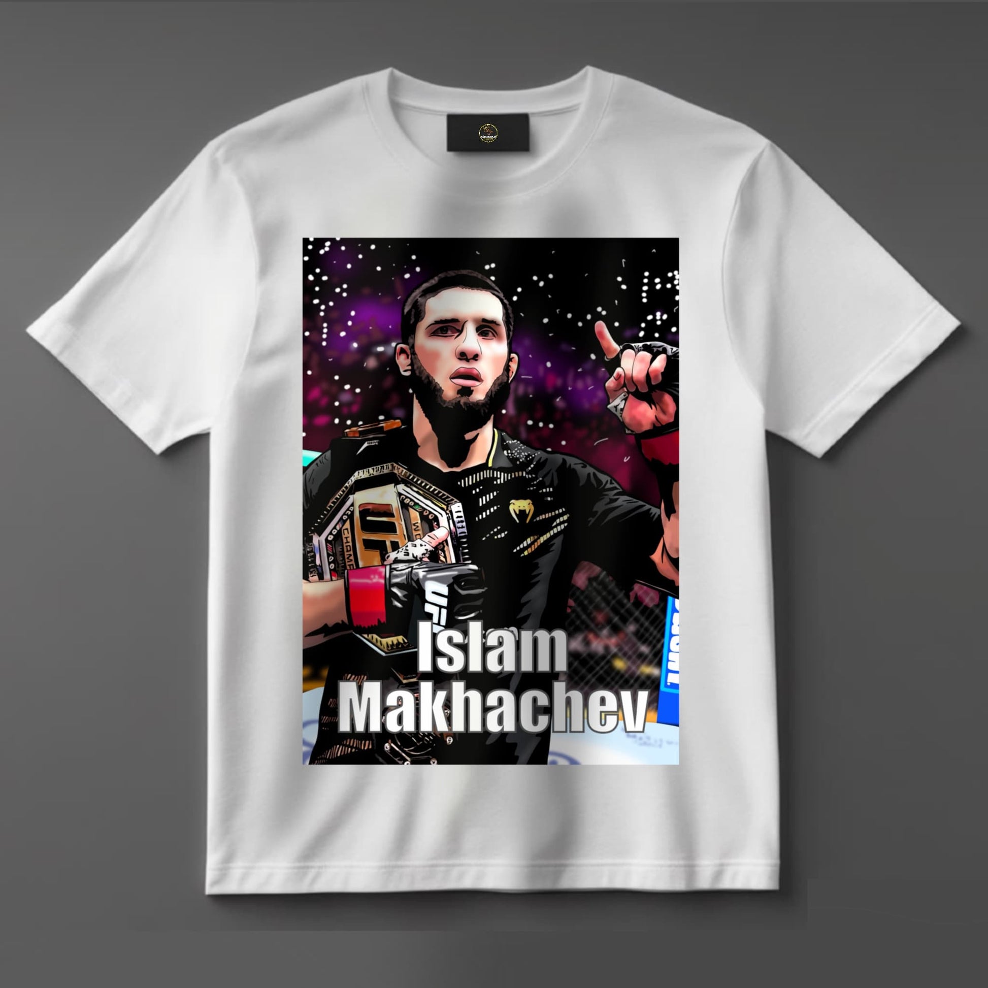 White T-shirt featuring powerful artwork of UFC champion Islam Makhachev with the title ‘Lightweight King’ — ideal for MMA fans and supporters of Dagestan’s finest.