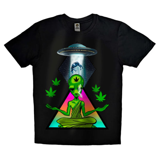 Black or white T-shirt with a vibrant alien and UFO graphic beaming up cannabis leaves — a bold, trippy design perfect for weed culture fans and streetwear lovers.