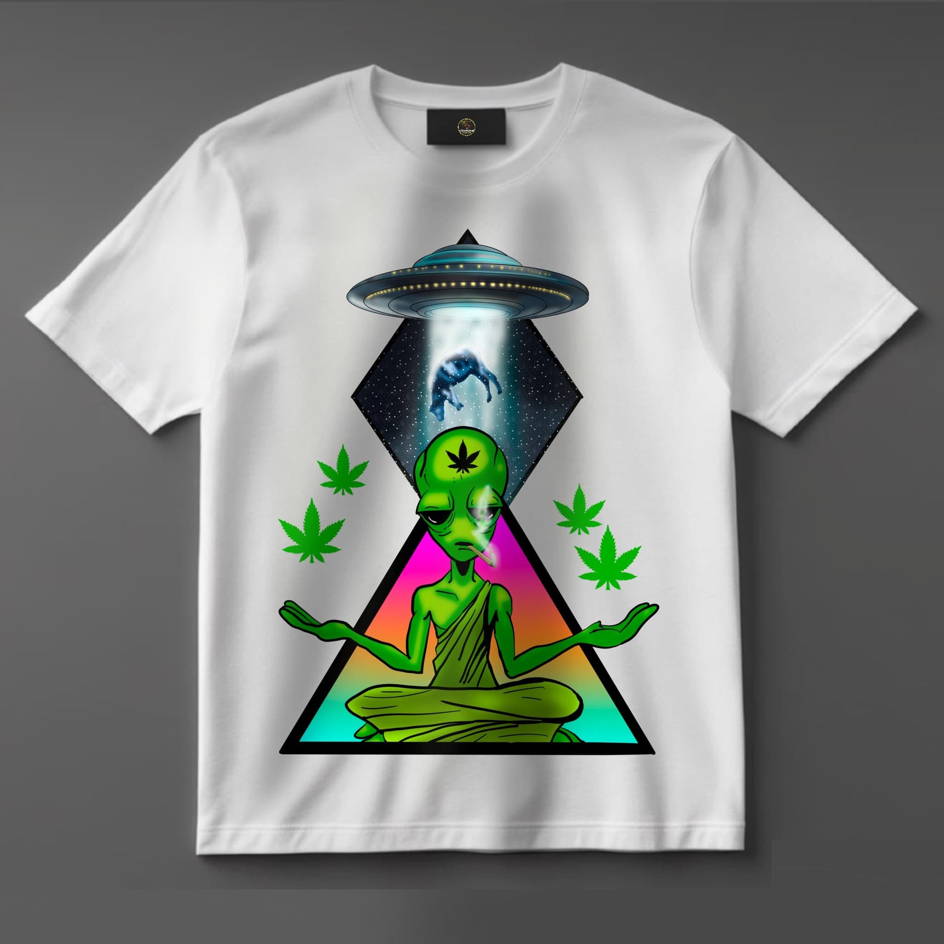 Black or white T-shirt with a vibrant alien and UFO graphic beaming up cannabis leaves — a bold, trippy design perfect for weed culture fans and streetwear lovers.