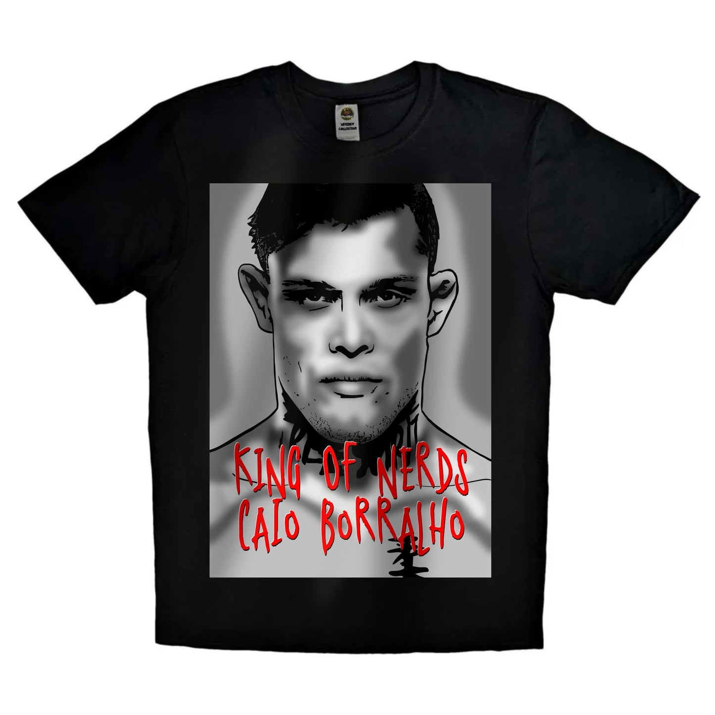 Black or white T-shirt featuring bold artwork of UFC fighter Caio Borralho with glasses and cape, crowned as ‘King of the Fighting Nerds’ — a unique design for MMA fans who embrace brains and brawn.