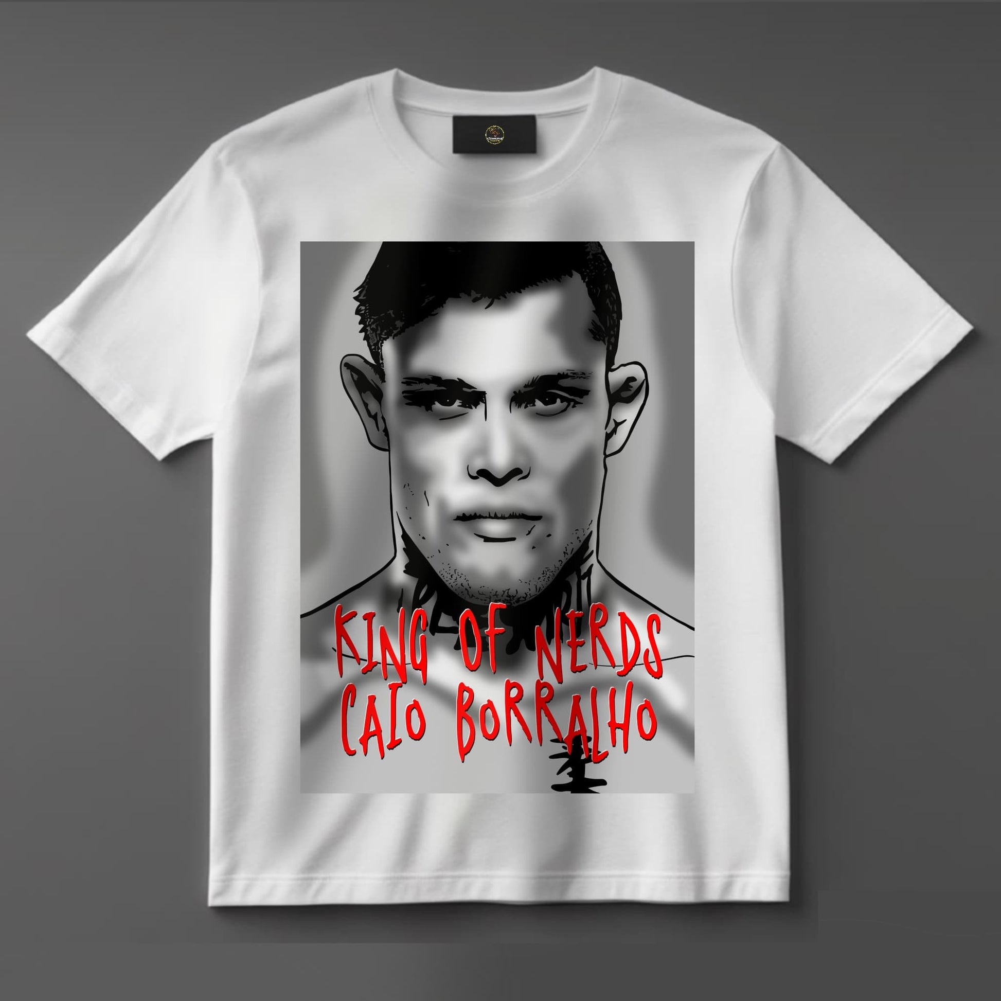 Black or white T-shirt featuring bold artwork of UFC fighter Caio Borralho with glasses and cape, crowned as ‘King of the Fighting Nerds’ — a unique design for MMA fans who embrace brains and brawn.