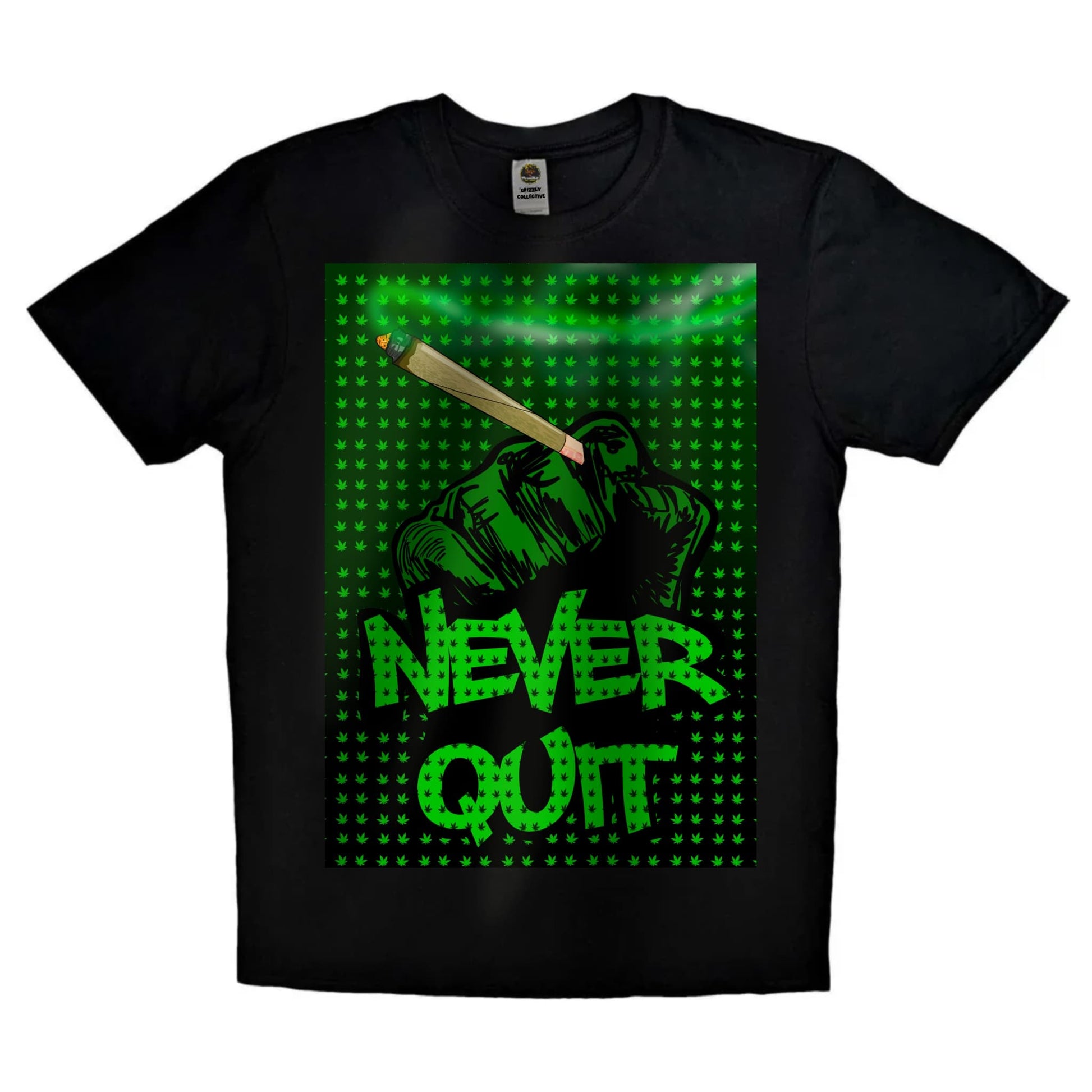 Black or white T-shirt with bold, eye-catching typography reading ‘Never Quit Weed’ alongside cannabis-themed graphics — a laid-back, rebellious design for stoners and weed culture fans.