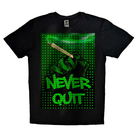 Black or white T-shirt with bold, eye-catching typography reading ‘Never Quit Weed’ alongside cannabis-themed graphics — a laid-back, rebellious design for stoners and weed culture fans.