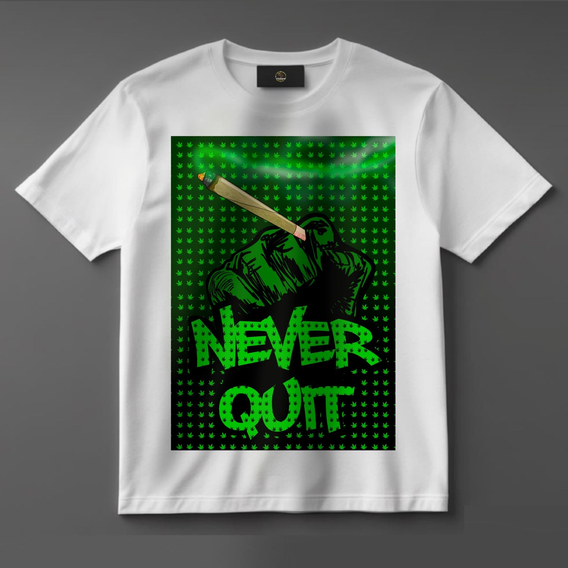 Black or white T-shirt with bold, eye-catching typography reading ‘Never Quit Weed’ alongside cannabis-themed graphics — a laid-back, rebellious design for stoners and weed culture fans.