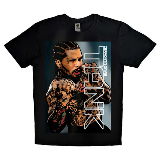 Black T-shirt featuring bold graphic artwork of boxing star Gervonta ‘Tank’ Davis with the phrase ‘Get Onto Tank’ in striking text — perfect for fight fans and boxing enthusiasts.