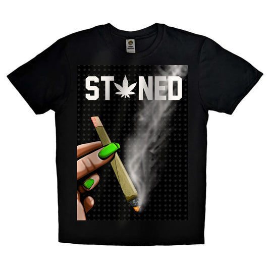Black or white T-shirt featuring a stylish graphic of a woman’s hand with painted nails holding a lit spliff, surrounded by subtle smoke and weed-themed accents — a bold and feminine cannabis design.