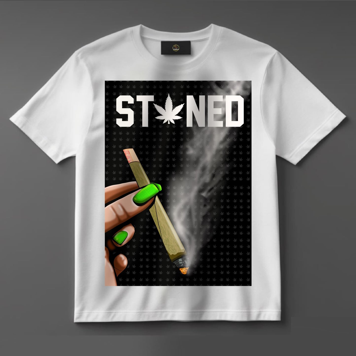 Black or white T-shirt featuring a stylish graphic of a woman’s hand with painted nails holding a lit spliff, surrounded by subtle smoke and weed-themed accents — a bold and feminine cannabis design.