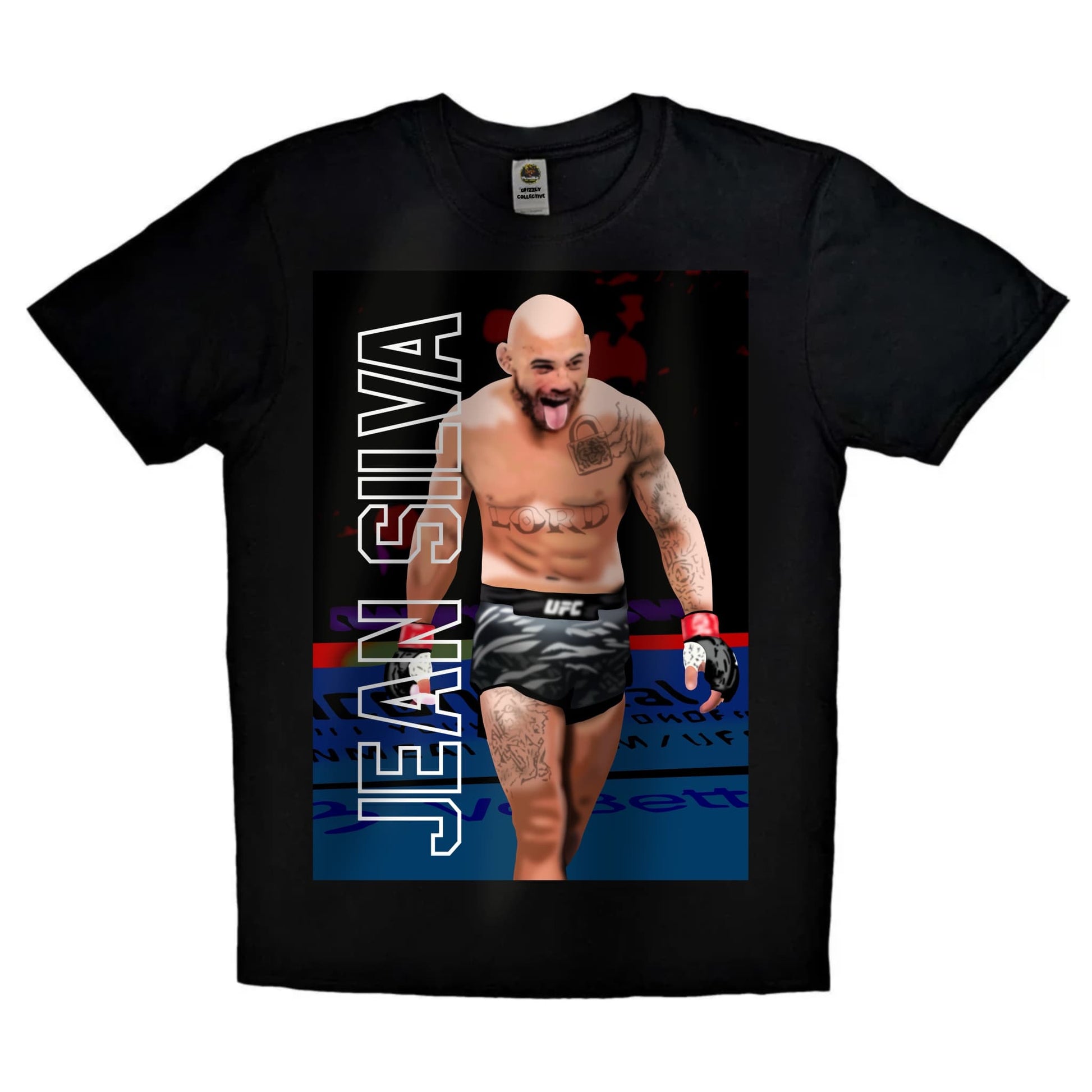 Black or white T-shirt featuring dynamic artwork of UFC fighter Jean Silva styled as ‘The Lord of the Fighting Nerds’ — a playful yet powerful design blending MMA toughness with geek culture flair.