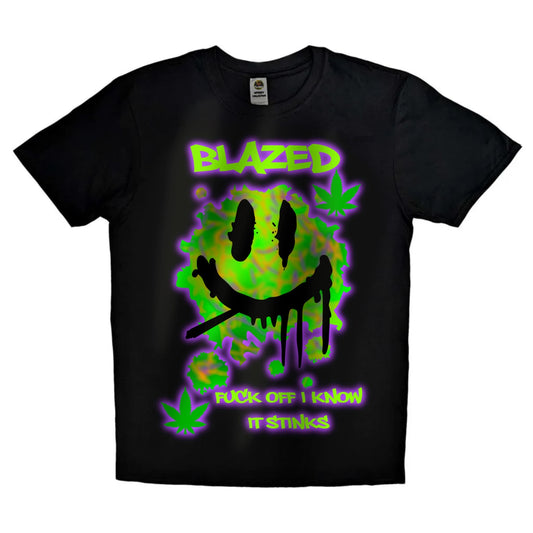Black or white T-shirt with bold text reading ‘Blazed — Fuck Off, I Know It Stinks’ alongside cannabis-themed graphics — a loud, unapologetic statement piece for confident stoners.