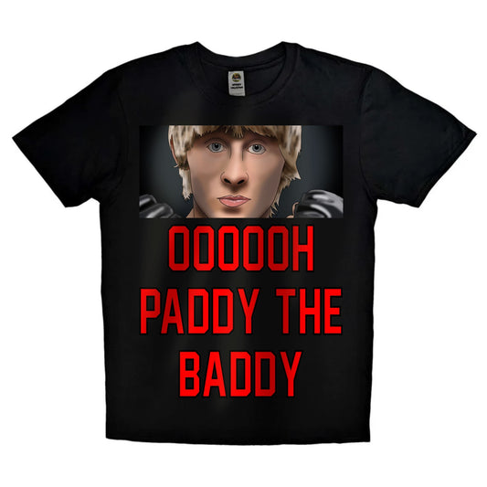 Black or white T-shirt featuring energetic artwork of UFC star Paddy ‘The Baddy’ Pimblett with the phrase ‘Oooh Paddy The Baddy’ — a fun, fan-favorite design for MMA lovers and Liverpudlian fight fans.