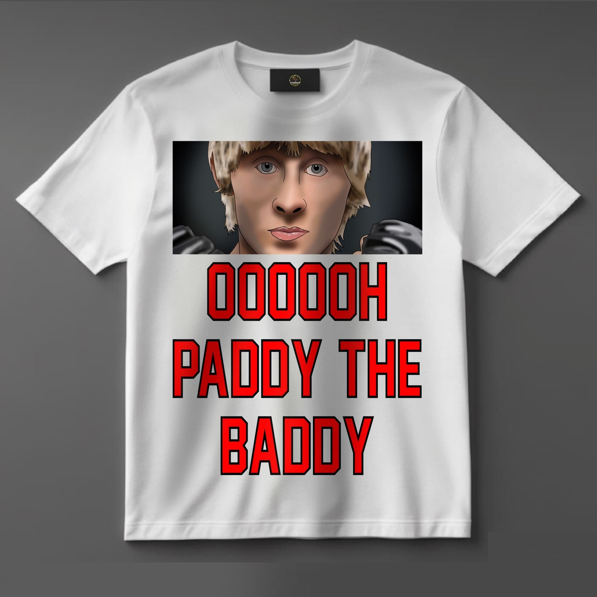 Black or white T-shirt featuring energetic artwork of UFC star Paddy ‘The Baddy’ Pimblett with the phrase ‘Oooh Paddy The Baddy’ — a fun, fan-favorite design for MMA lovers and Liverpudlian fight fans.