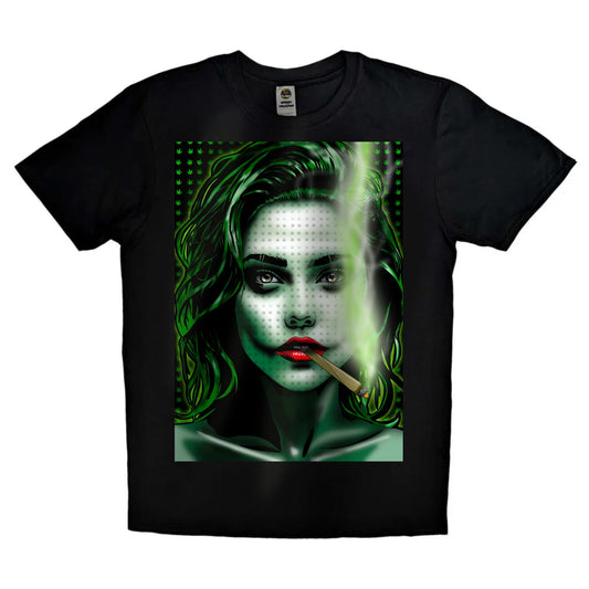 Black or white T-shirt featuring a trippy, edgy graphic of a female Joker-style character with smeared makeup, lit spliff in hand, and a mischievous stoner vibe — perfect for cannabis lovers and fans of dark, bold streetwear.