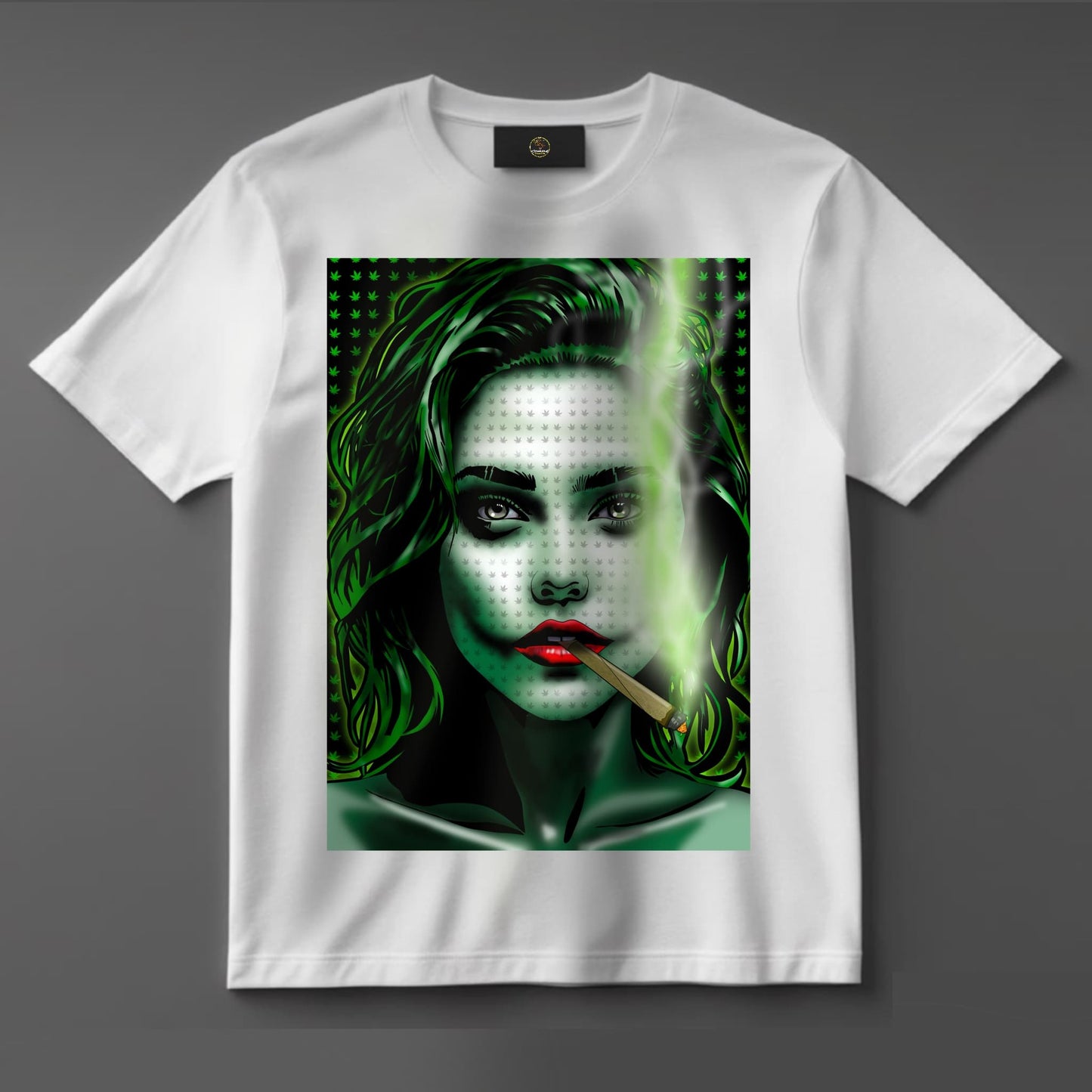 Black or white T-shirt featuring a trippy, edgy graphic of a female Joker-style character with smeared makeup, lit spliff in hand, and a mischievous stoner vibe — perfect for cannabis lovers and fans of dark, bold streetwear.