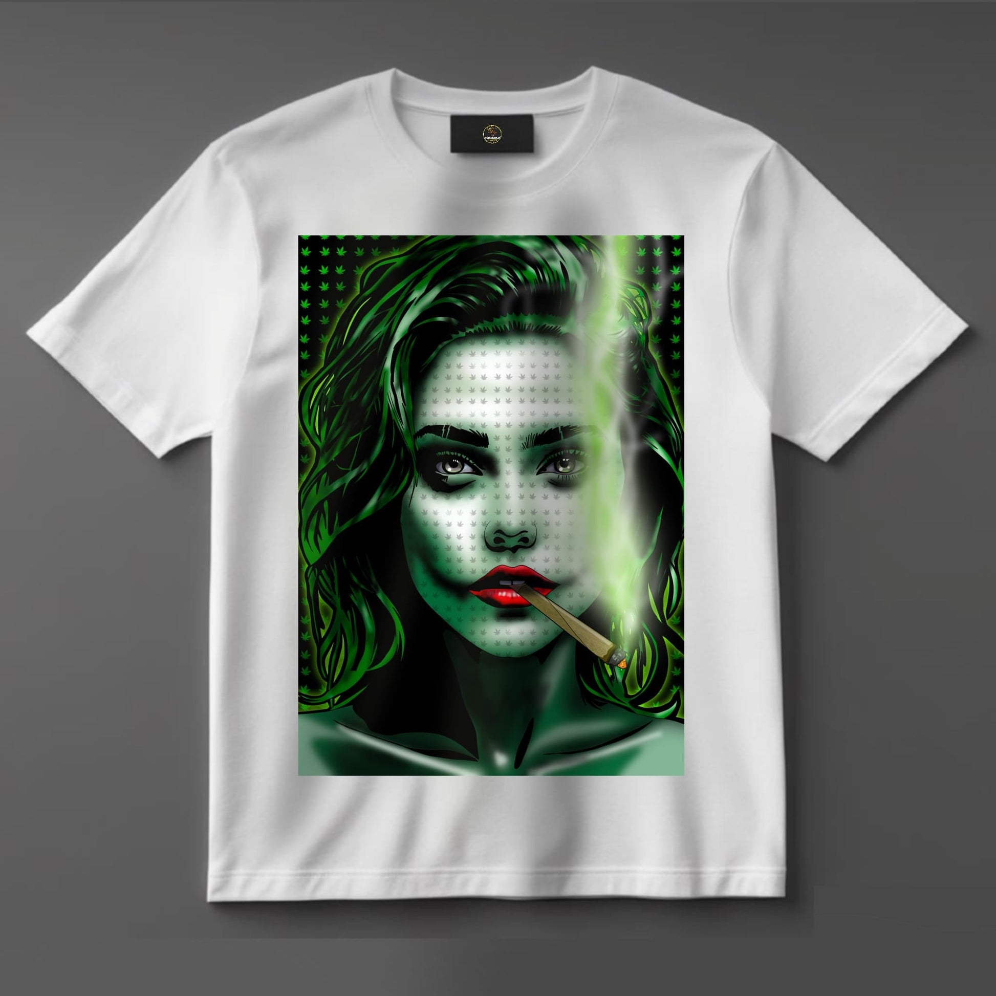 Black or white T-shirt featuring a trippy, edgy graphic of a female Joker-style character with smeared makeup, lit spliff in hand, and a mischievous stoner vibe — perfect for cannabis lovers and fans of dark, bold streetwear.