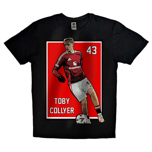 Black or white T-shirt showcasing graphic artwork of rising Manchester United talent Toby Collyer in action, wearing the iconic red kit — a fresh design for dedicated Man Utd fans and football collectors.
