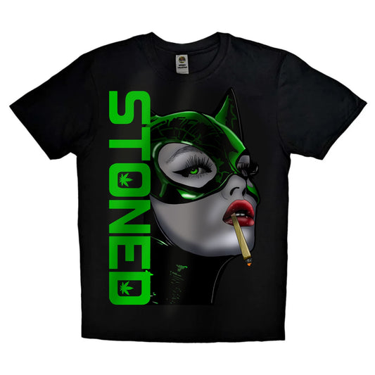 Black or white T-shirt featuring a seductive, stoner-inspired Catwoman character with a lit spliff and cannabis-themed elements — a bold, edgy design blending comic book vibes with weed culture.