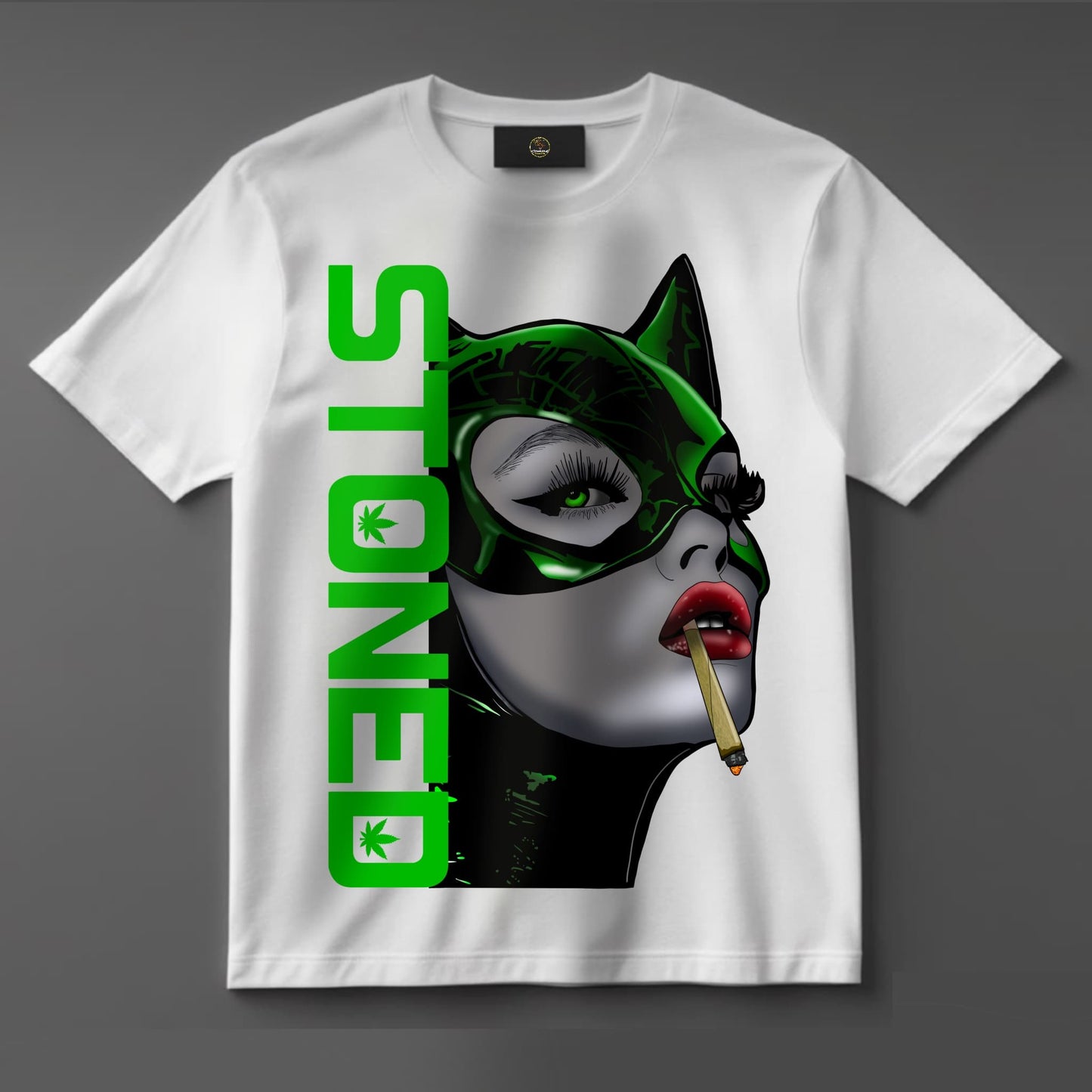 Black or white T-shirt featuring a seductive, stoner-inspired Catwoman character with a lit spliff and cannabis-themed elements — a bold, edgy design blending comic book vibes with weed culture.