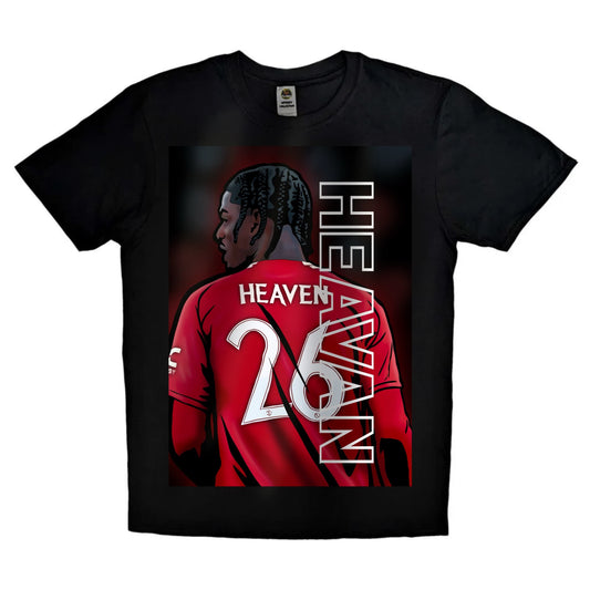 Black or white T-shirt featuring striking artwork of Ayden Heaven, the new Manchester United youth star, in the classic red kit — a fresh tribute to the next generation of Old Trafford talent.