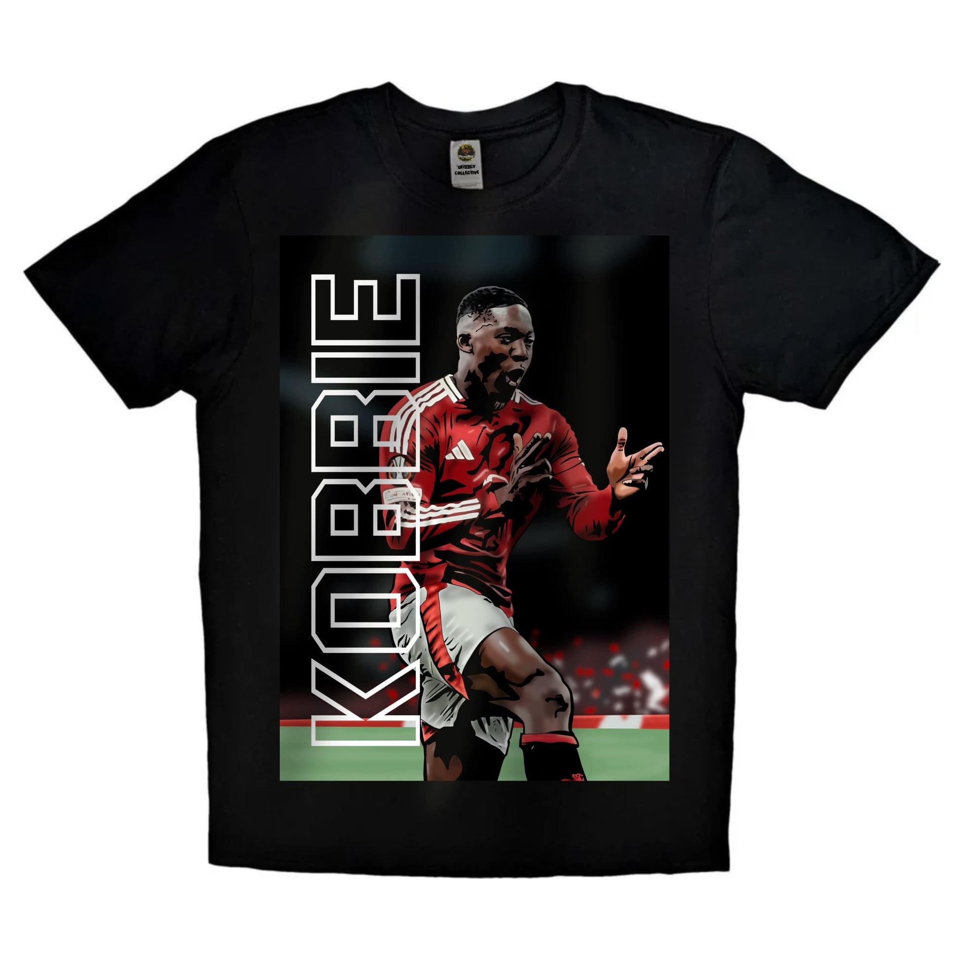 Black or white T-shirt featuring bold artwork of Kobbie Mainoo in Manchester United kit, celebrating as a Europa League hero — a powerful tribute to the young midfield star and his rising legacy.