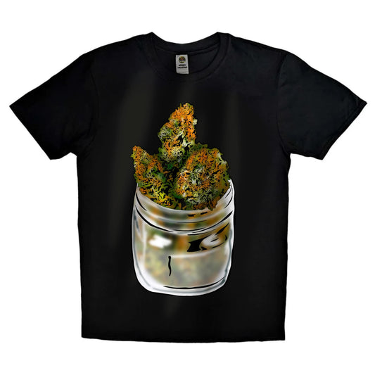 Black or white T-shirt featuring a detailed graphic of a glass jar filled with vibrant cannabis buds, with playful or bold weed-themed accents — a clean, eye-catching design for marijuana enthusiasts and streetwear fans.
