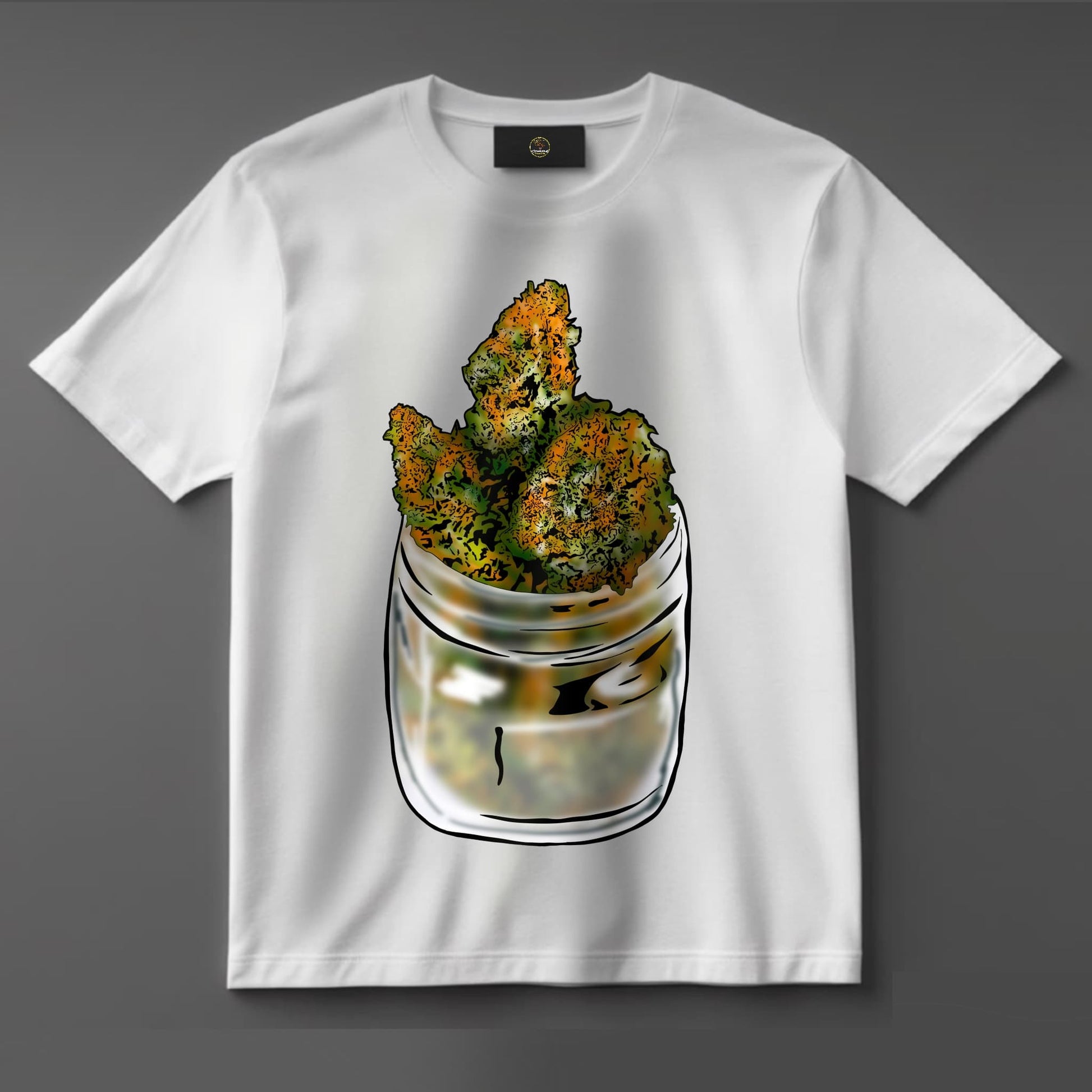 Black or white T-shirt featuring a detailed graphic of a glass jar filled with vibrant cannabis buds, with playful or bold weed-themed accents — a clean, eye-catching design for marijuana enthusiasts and streetwear fans.
