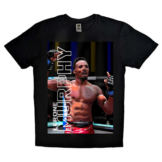 Black or white T-shirt featuring powerful artwork of UFC featherweight Lerone Murphy with bold text reading ‘Manchester’s Own’ — a tribute to the undefeated fighter and local MMA pride.
