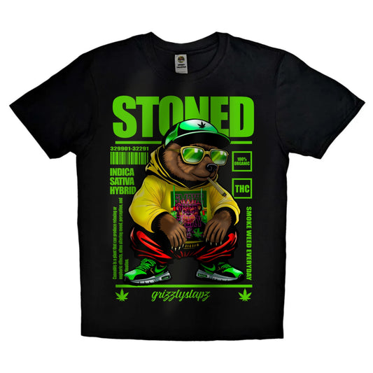 Black or white T-shirt featuring the signature GrizzlySlapz stoner bear with red eyes, holding a joint and surrounded by smoke and weed leaves — a fun, high-vibe design perfect for cannabis fans and streetwear lovers.