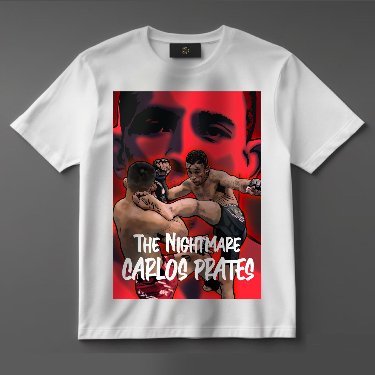 Black or white T-shirt featuring intense artwork of Carlos ‘The Nightmare’ Prates, rising Brazilian UFC prospect, with bold text and fight-ready stance — a striking design for MMA fans and supporters of Brazil’s next big talent.
