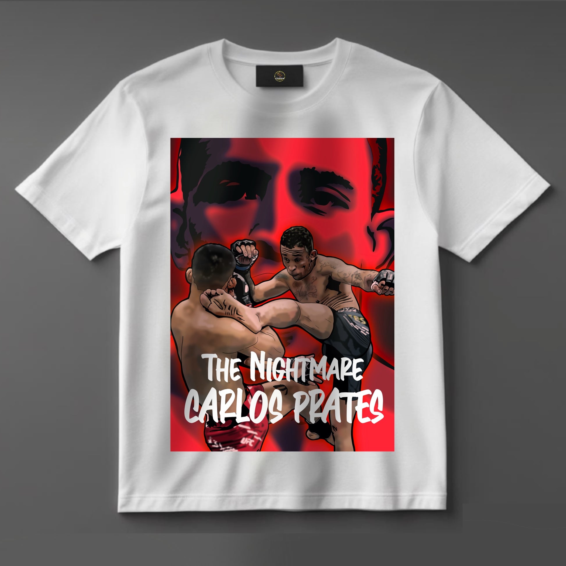 Black or white T-shirt featuring intense artwork of Carlos ‘The Nightmare’ Prates, rising Brazilian UFC prospect, with bold text and fight-ready stance — a striking design for MMA fans and supporters of Brazil’s next big talent.