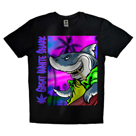 Black or white T-shirt featuring a fierce, stylized great white shark surrounded by cannabis leaves and smoke, labeled with the ‘Great White Shark’ strain name — a bold, high-impact design for weed lovers and streetwear fans.