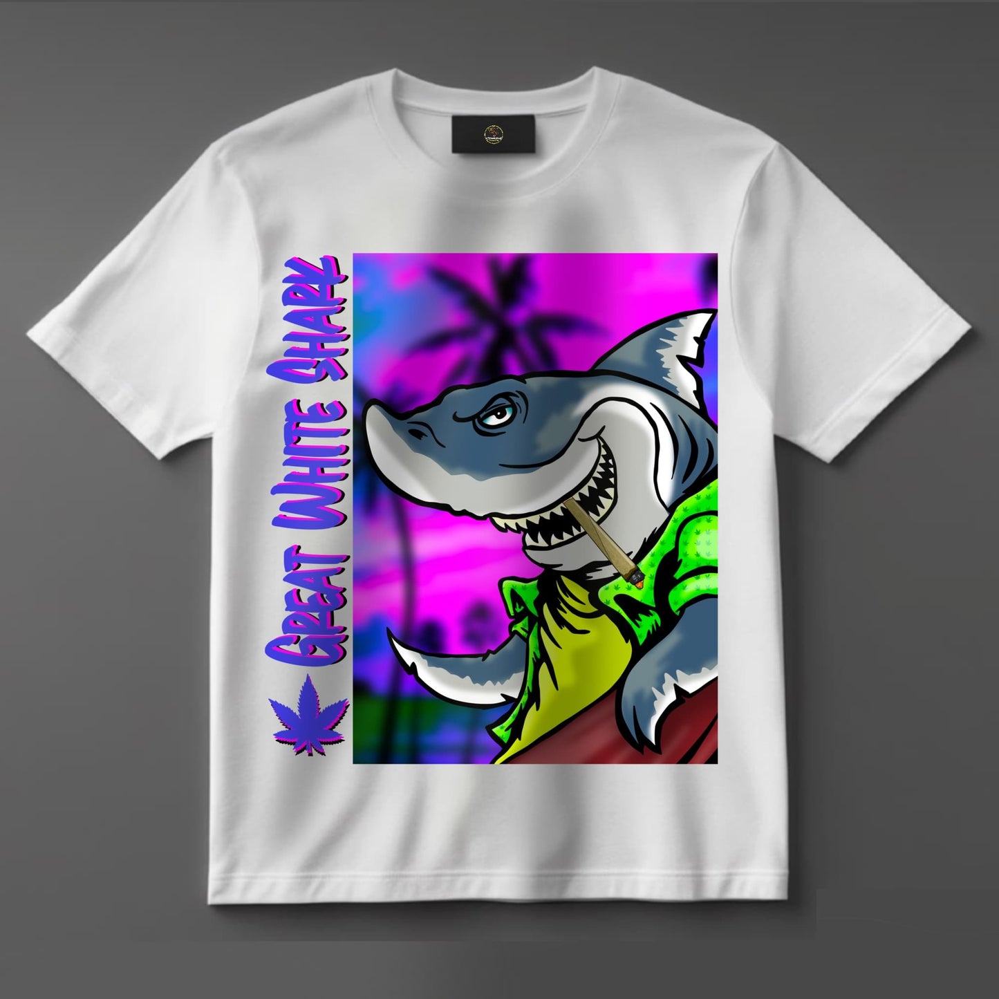 Black or white T-shirt featuring a fierce, stylized great white shark surrounded by cannabis leaves and smoke, labeled with the ‘Great White Shark’ strain name — a bold, high-impact design for weed lovers and streetwear fans.