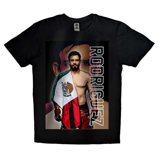 Black or white T-shirt featuring dynamic artwork of Yair Rodríguez, explosive Mexican UFC featherweight, with national colors and bold text — a striking tribute to one of Mexico’s top MMA fighters.