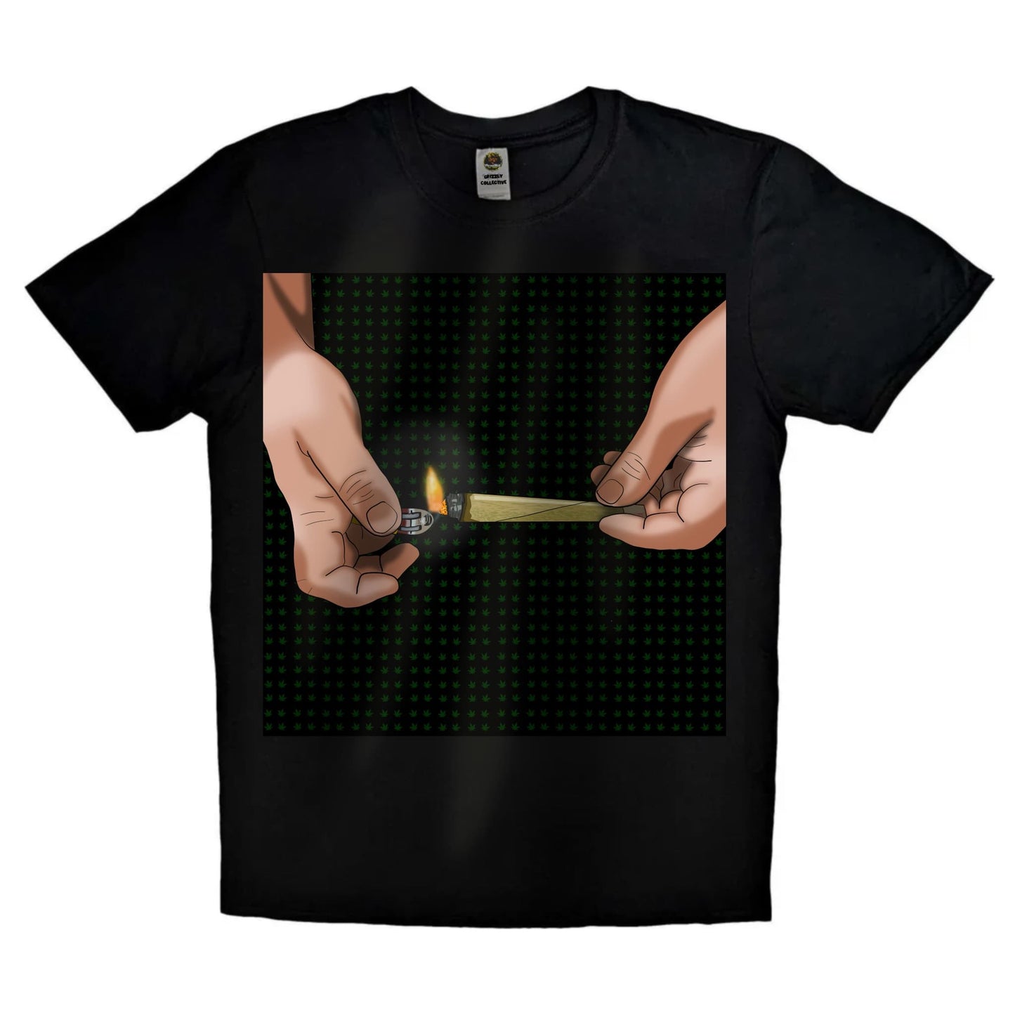 Black or white T-shirt featuring detailed artwork of two hands sparking up a spliff, with smoke and cannabis-themed accents — a bold, relaxed design perfect for stoners and weed culture fans.
