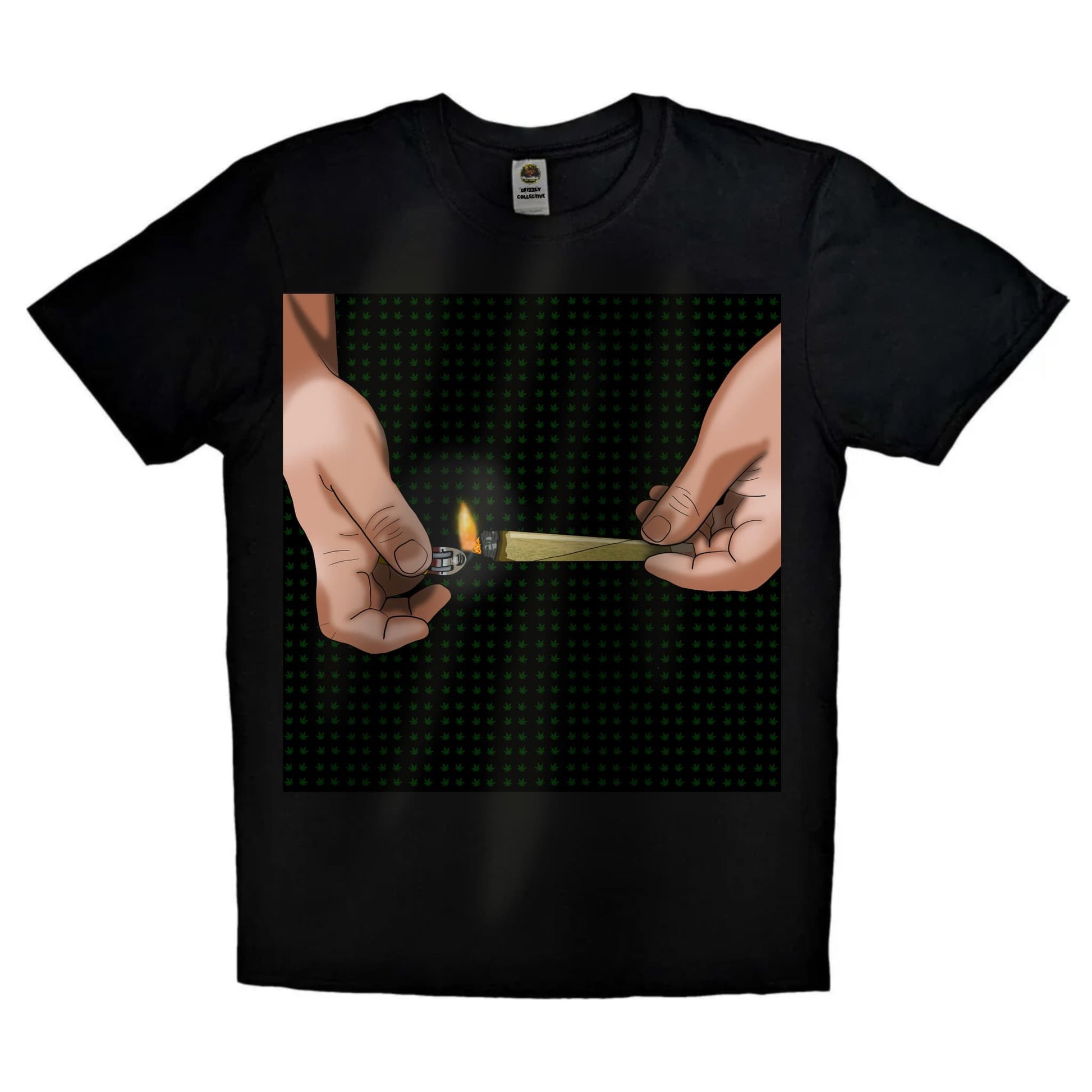 Black or white T-shirt featuring detailed artwork of two hands sparking up a spliff, with smoke and cannabis-themed accents — a bold, relaxed design perfect for stoners and weed culture fans.