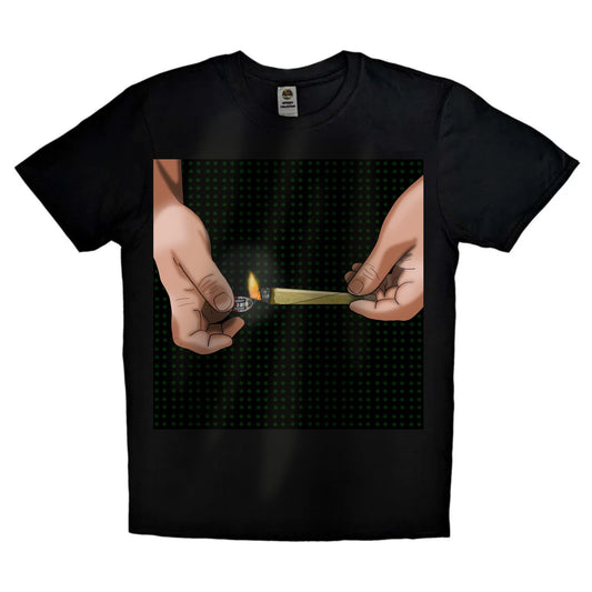 Black or white T-shirt featuring detailed artwork of two hands sparking up a spliff, with smoke and cannabis-themed accents — a bold, relaxed design perfect for stoners and weed culture fans.