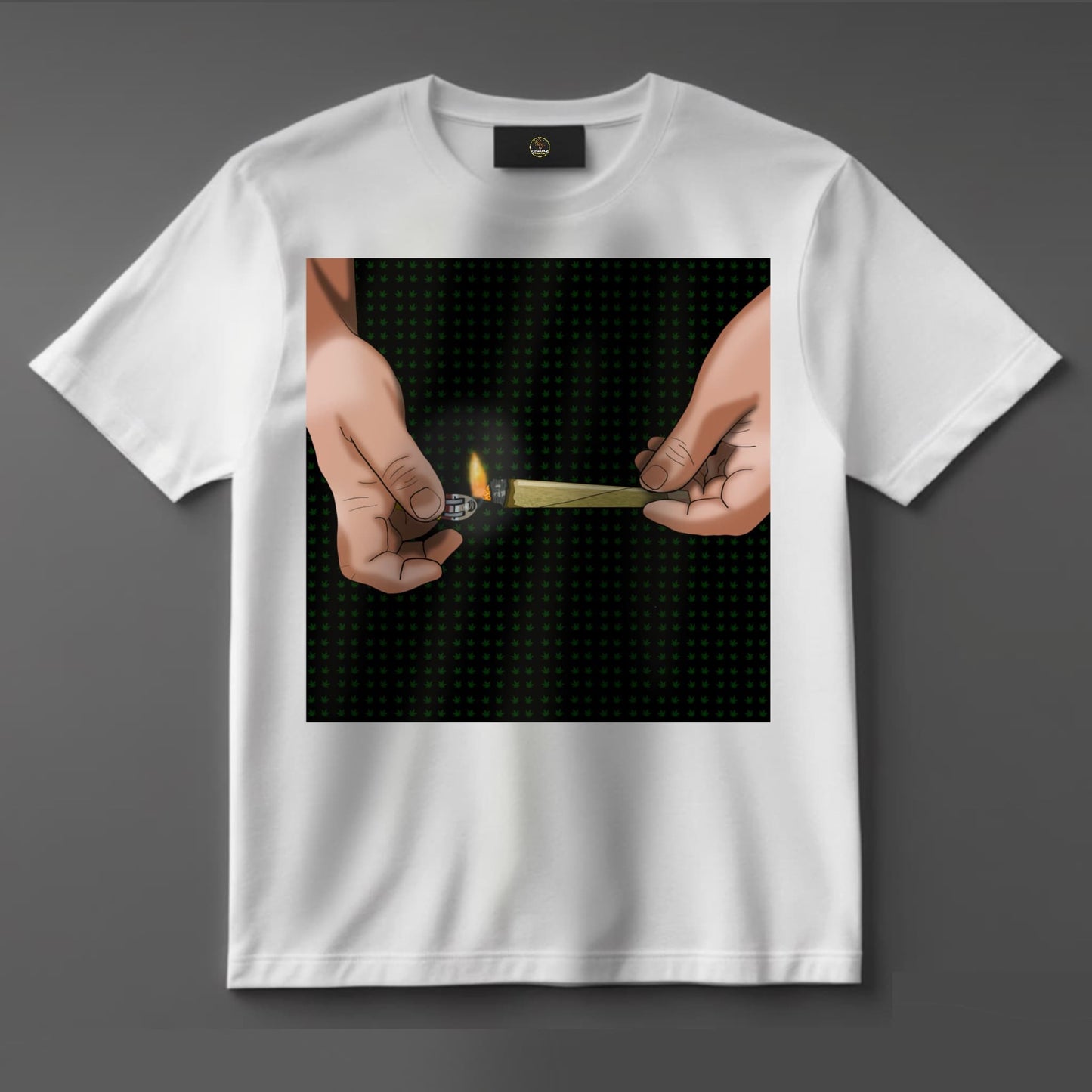 Black or white T-shirt featuring detailed artwork of two hands sparking up a spliff, with smoke and cannabis-themed accents — a bold, relaxed design perfect for stoners and weed culture fans.