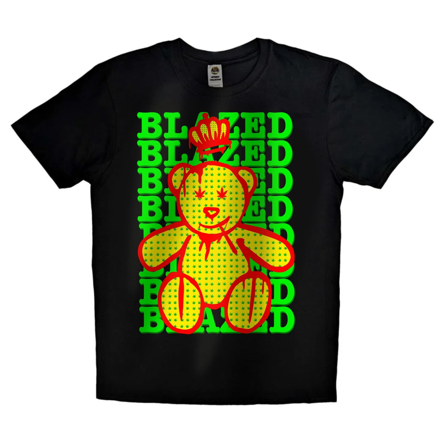 Black or white T-shirt featuring a cute yet blazed teddy bear with red eyes, holding a joint and surrounded by smoke and cannabis leaves — a playful, laid-back design for stoners and streetwear fans.
